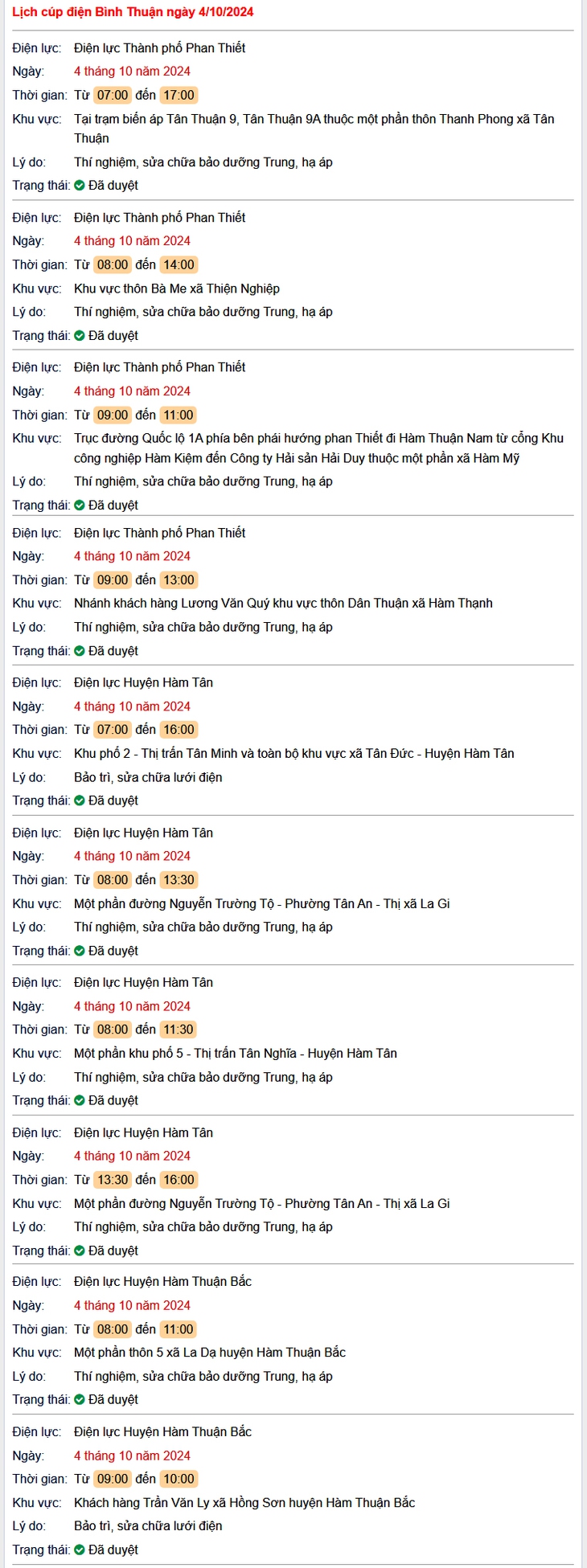 Lịch cúp điện hôm nay Thứ 6 ngày 4/10/2024 tại Bình Thuận- Ảnh 1.