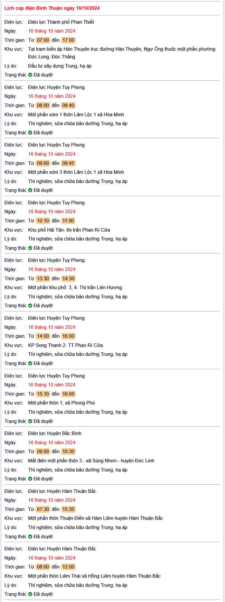 Lịch cúp điện hôm nay Thứ 4 ngày 16/10/2024 tại Bình Thuận- Ảnh 1.
