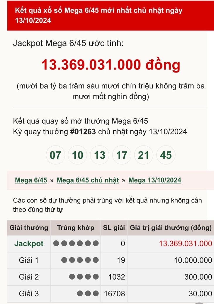 Vietlott 27/10 - Kết quả xổ số Vietlott hôm nay 27/10/2024 - Xổ số Mega 6/45 ngày 27/10- Ảnh 7.