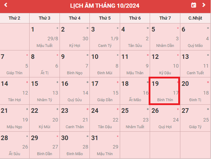 Lịch âm 19/10 - Âm lịch hôm nay 19/10 - Lịch vạn niên ngày 19/10/2024- Ảnh 1. Lịch âm 19/10 - Âm lịch hôm nay 19/10 - Lịch vạn niên ngày 19/10/2024- Ảnh 1.