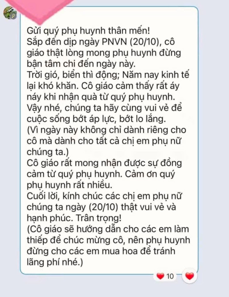 Nghĩ gì sau tin nhắn của cô giáo gửi phụ huynh ngày 20/10 đang xôn xao MXH?- Ảnh 1. Nghĩ gì sau tin nhắn của cô giáo gửi phụ huynh ngày 20/10 đang xôn xao MXH?- Ảnh 1.