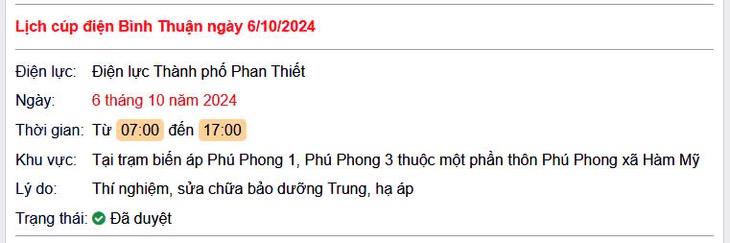 Lịch cúp điện hôm nay Chủ Nhật ngày 6/10/2024 tại Bình Thuận- Ảnh 1.
