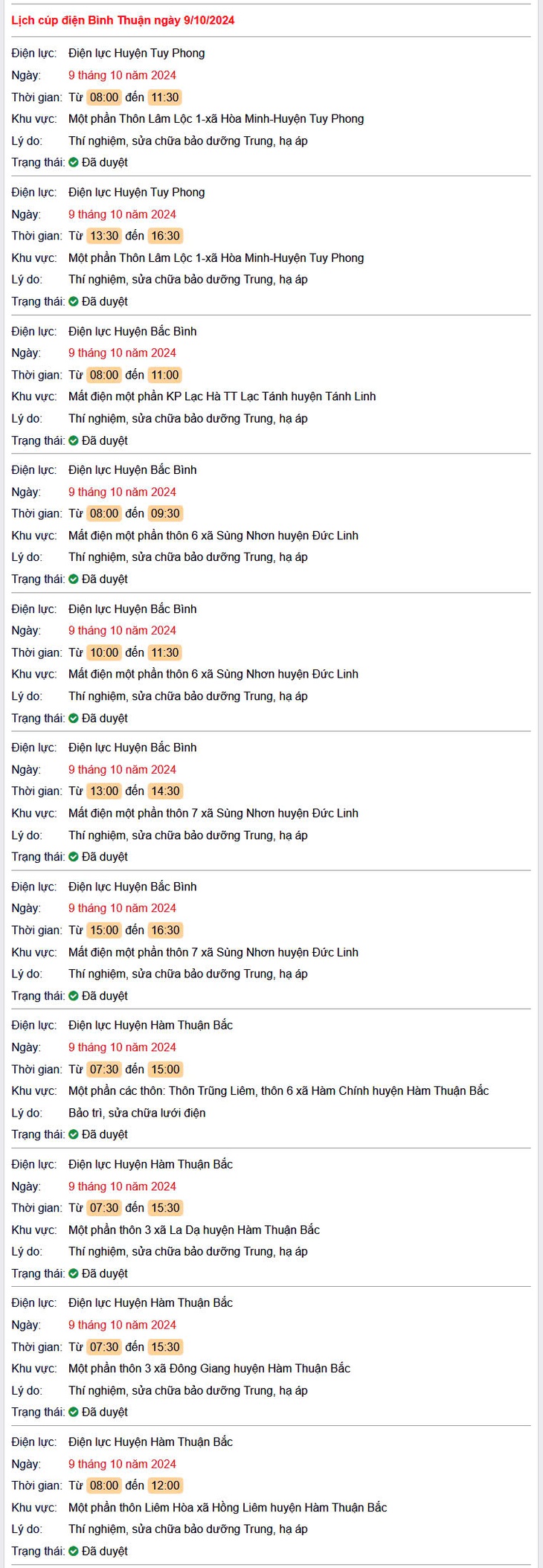 Lịch cúp điện hôm nay Thứ 4 ngày 9/10/2024 tại Bình Thuận- Ảnh 1.