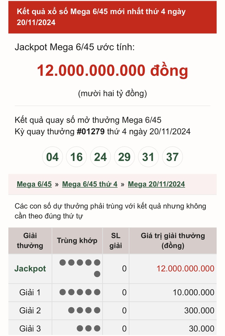 Vietlott 20/11 - Kết quả xổ số Vietlott hôm nay 20/11/2024 - Xổ số Mega 6/45 ngày 20/11- Ảnh 1. Vietlott 20/11 - Kết quả xổ số Vietlott hôm nay 20/11/2024 - Xổ số Mega 6/45 ngày 20/11- Ảnh 1.