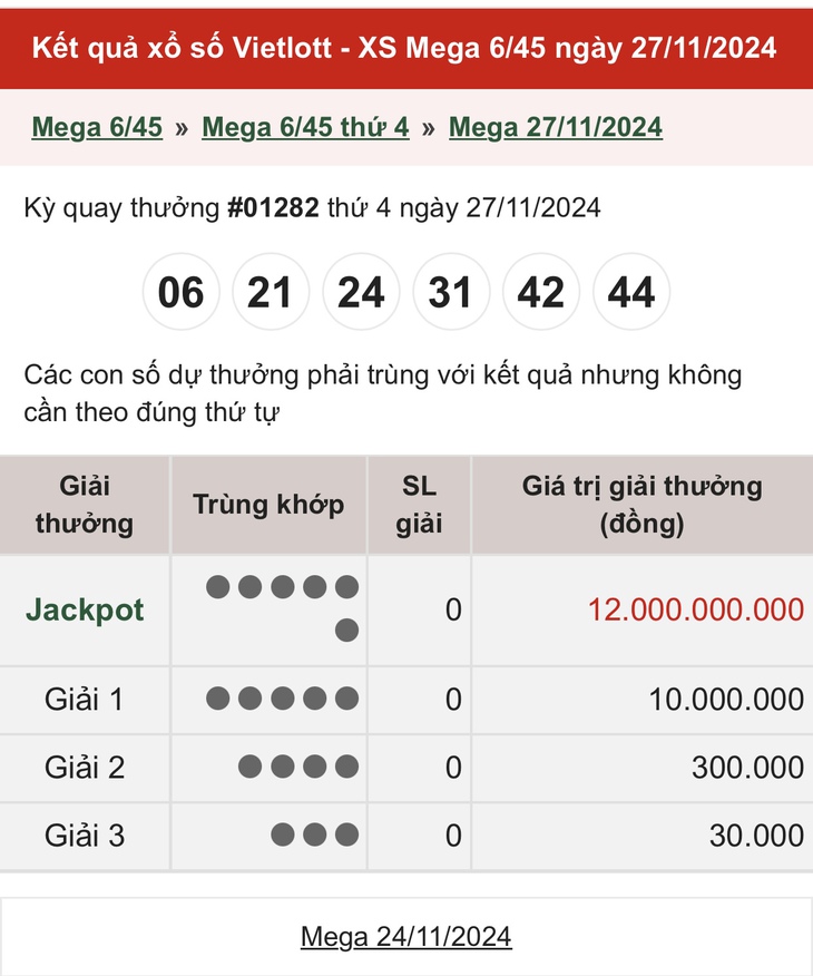 Vietlott 30/11 - Kết quả xổ số Vietlott hôm nay 30/11/2024 - Xổ số Power 6/55 ngày 30/11- Ảnh 15. Vietlott 30/11 - Kết quả xổ số Vietlott hôm nay 30/11/2024 - Xổ số Power 6/55 ngày 30/11- Ảnh 15.
