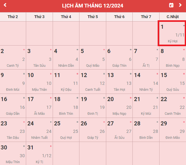 Lịch âm 1/12 - Âm lịch hôm nay 1/12 - Lịch vạn niên ngày 1/12/2024- Ảnh 1. Lịch âm 1/12 - Âm lịch hôm nay 1/12 - Lịch vạn niên ngày 1/12/2024- Ảnh 1.