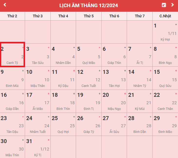 Lịch âm 2/12 - Âm lịch hôm nay 2/12 - Lịch vạn niên ngày 2/12/2024- Ảnh 1.