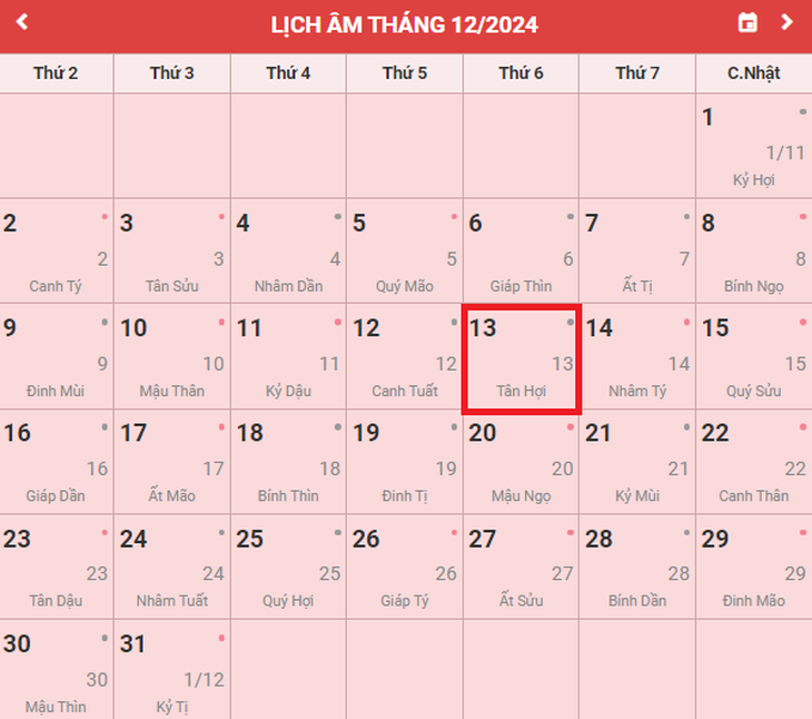 Lịch âm 13/12 - Âm lịch hôm nay 13/12 - Lịch vạn niên ngày 13/12/2024- Ảnh 1.