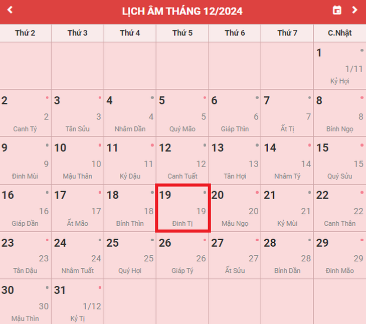Lịch âm 19/12 - Âm lịch hôm nay 19/12 - Lịch vạn niên ngày 19/12/2024- Ảnh 1. Lịch âm 19/12 - Âm lịch hôm nay 19/12 - Lịch vạn niên ngày 19/12/2024- Ảnh 1.