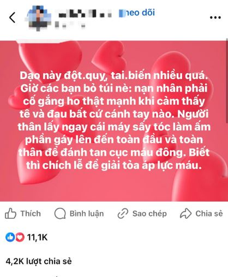 Bác sĩ cảnh báo phương pháp chữa đột quỵ bằng 'ho mạnh, sấy vào gáy'- Ảnh 1.