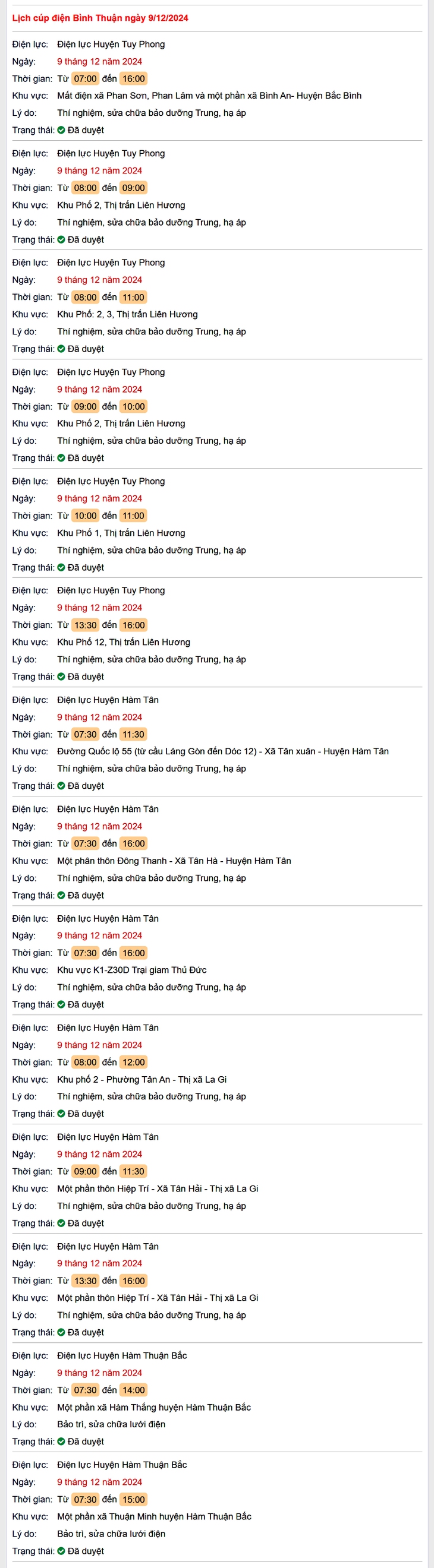 Lịch cúp điện hôm nay Thứ 2 ngày 9/12/2024 tại Bình Thuận- Ảnh 1.