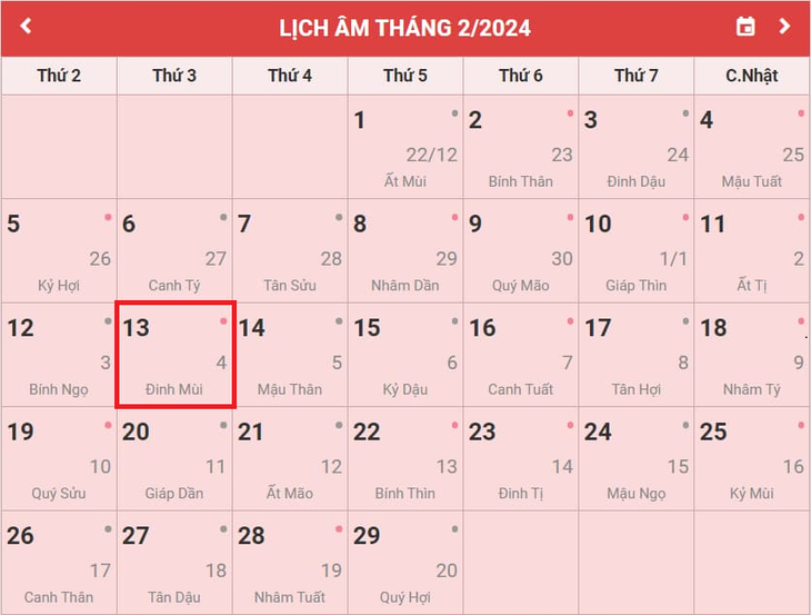 Lịch âm 13/2 - Âm lịch hôm nay 13/2 - Lịch vạn niên ngày 13/2/2024- Ảnh 1.