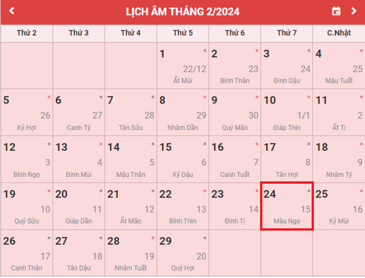 Lịch âm 24/2 - Âm lịch hôm nay 24/2 - Lịch vạn niên ngày 24/2/2024- Ảnh 1. Lịch âm 24/2 - Âm lịch hôm nay 24/2 - Lịch vạn niên ngày 24/2/2024- Ảnh 1.