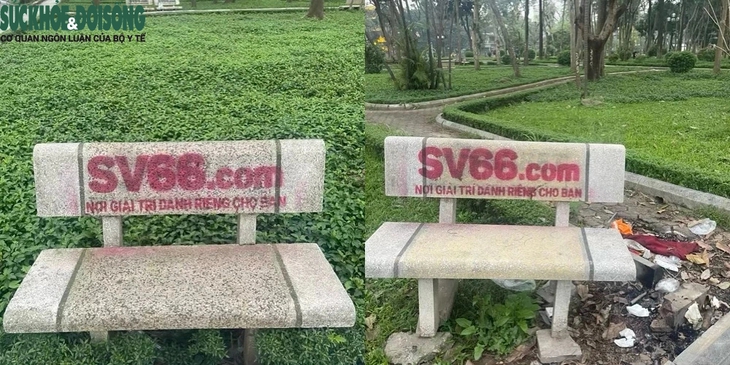 Ghế đá vườn hoa tiếp tục bị xịt sơn quảng cáo web cờ bạc, trách nhiệm của chính quyền địa phương?- Ảnh 1. Ghế đá vườn hoa tiếp tục bị xịt sơn quảng cáo web cờ bạc, trách nhiệm của chính quyền địa phương?- Ảnh 1.