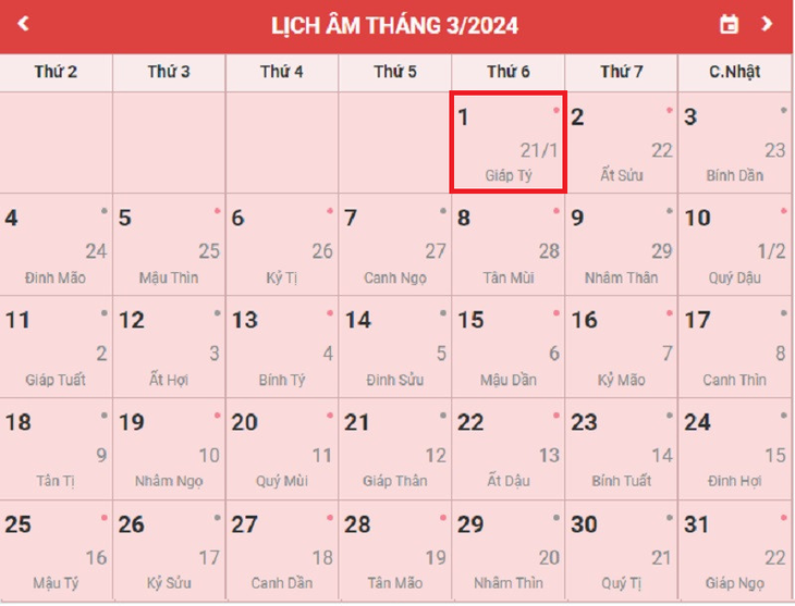 Lịch âm 1/3 - Âm lịch hôm nay 1/3 - Lịch vạn niên ngày 1/3/2024- Ảnh 1.