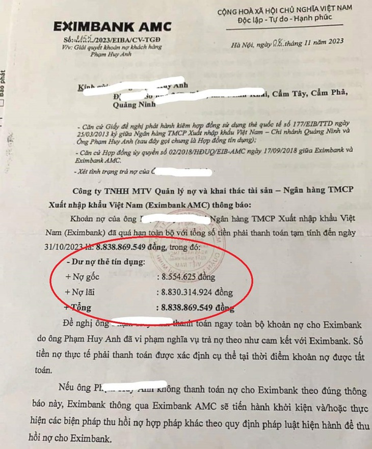 Vụ nợ Eximbank 8,5 triệu thành 8,8 tỷ: Nếu tính đúng, số tiền khách phải trả ngân hàng chưa đến 30 triệu đồng?- Ảnh 1. Vụ nợ Eximbank 8,5 triệu thành 8,8 tỷ: Nếu tính đúng, số tiền khách phải trả ngân hàng chưa đến 30 triệu đồng?- Ảnh 1.