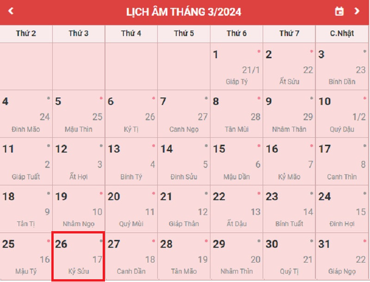 Lịch âm 26/3 - Âm lịch hôm nay 26/3 - Lịch vạn niên ngày 26/3/2024- Ảnh 1.