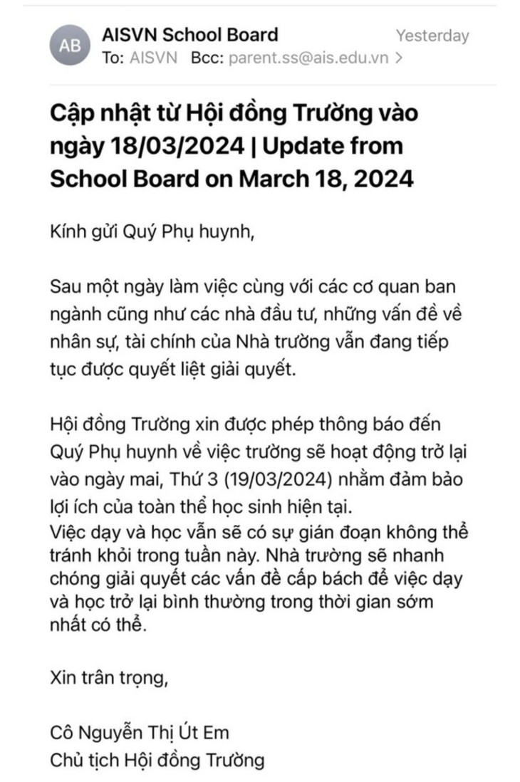 Chuyển đi đâu nếu trường Quốc tế Mỹ Việt Nam
ngừng hoạt động?- Ảnh 1. Chuyển đi đâu nếu trường Quốc tế Mỹ Việt Nam
ngừng hoạt động?- Ảnh 1.
