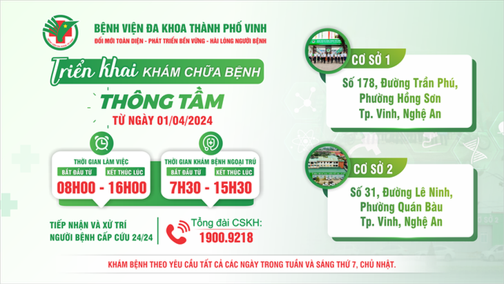 Bệnh viện Đa khoa TP Vinh triển khai khám chữa bệnh thông tầm tại 2 cơ sở- Ảnh 1. Bệnh viện Đa khoa TP Vinh triển khai khám chữa bệnh thông tầm tại 2 cơ sở- Ảnh 1.