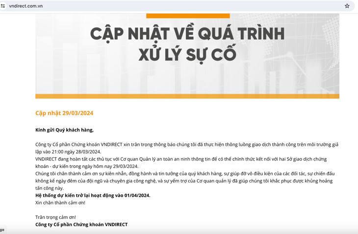 VNDIRECT thông báo ngày trở lại hoạt động- Ảnh 2.
