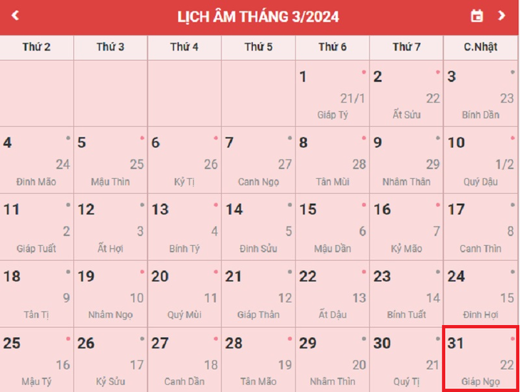 Lịch âm 31/3 - Âm lịch hôm nay 31/3 - Lịch vạn niên ngày 31/3/2024- Ảnh 1.
