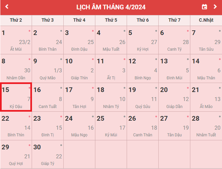 Lịch âm 15/4 - Âm lịch hôm nay 15/4 - Lịch vạn niên ngày 15/4/2024- Ảnh 1. Lịch âm 15/4 - Âm lịch hôm nay 15/4 - Lịch vạn niên ngày 15/4/2024- Ảnh 1.