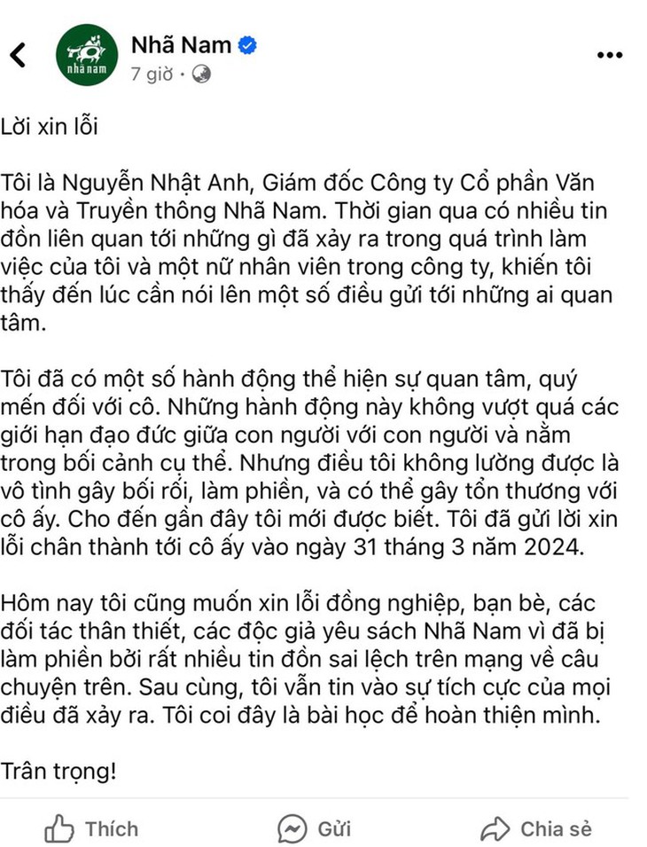 Giám đốc nhà sách Nhã Nam xin lỗi sau khi có thông tin 'quấy rối nhân viên nữ'- Ảnh 1.