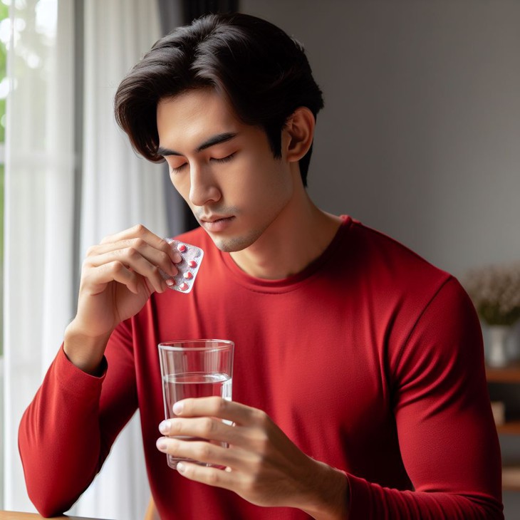 a person wearing red clothes drinking medicine with a glass of water