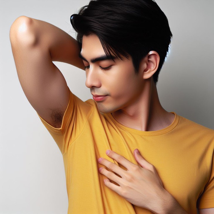 một người đang ngửi nách với chiếc áo cộc tay màu vàng