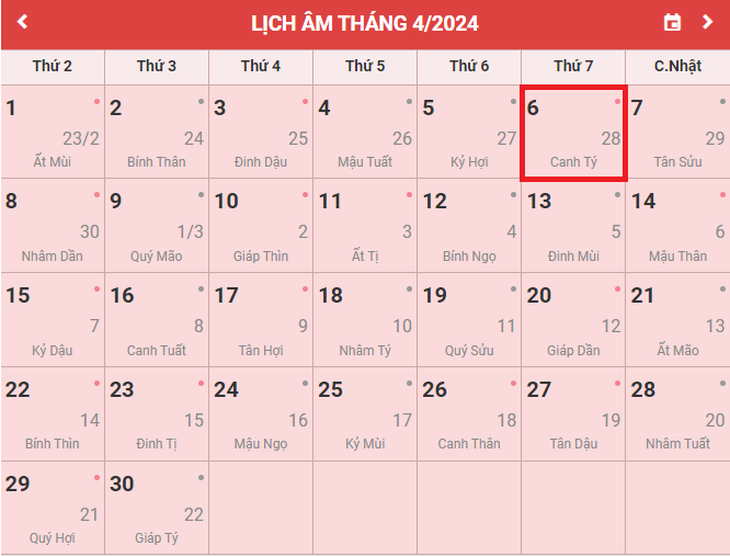 Lịch âm 6/4 - Âm lịch hôm nay 6/4 - Lịch vạn niên ngày 6/4/2024- Ảnh 1.