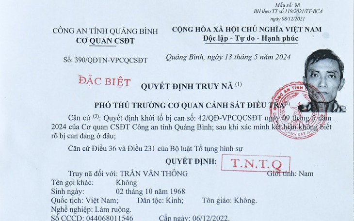 Truy nã đặc biệt người đàn ông nghi giết 