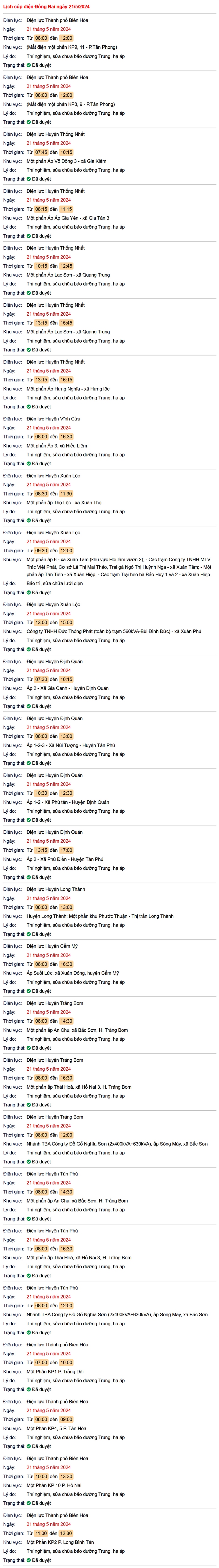 Lịch cúp điện Đồng Nai hôm nay (từ ngày 20-26/5): Những khu vực nào sẽ bị cúp điện?- Ảnh 2.