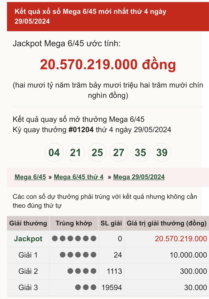 Vietlott 29/5 - Kết quả xổ số Vietlott hôm nay 29/5/2024 - Xổ số Mega 6/45 ngày 29/5- Ảnh 1.