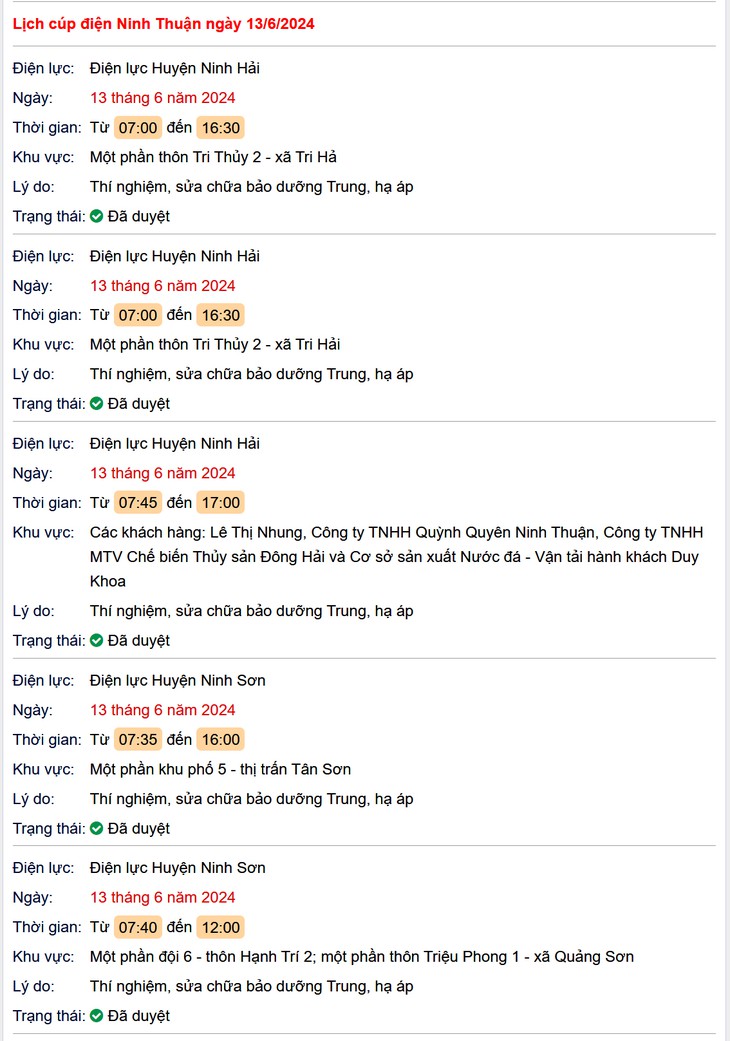 Lịch cúp điện hôm nay ngày 13/6 tại Ninh Thuận- Ảnh 1.