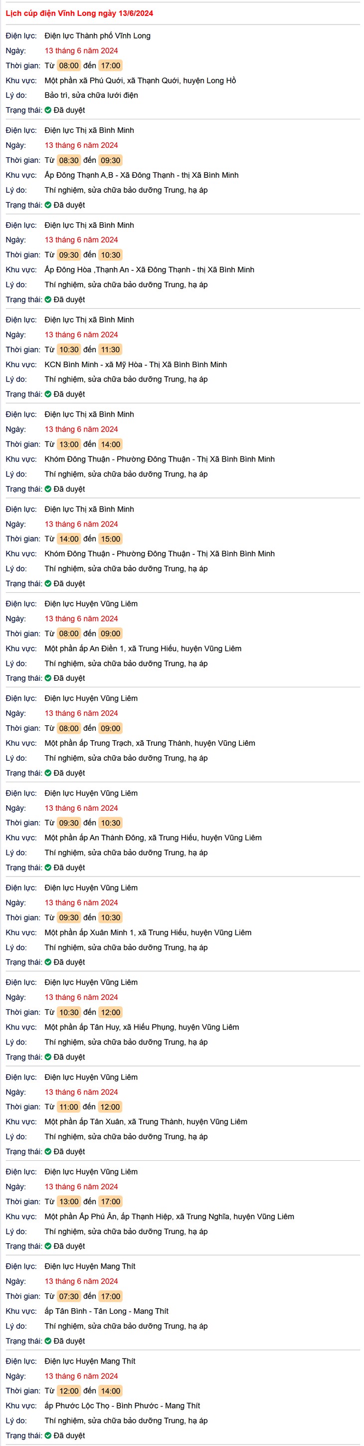 Lịch cúp điện hôm nay ngày 13/6 tại Vĩnh Long- Ảnh 1.