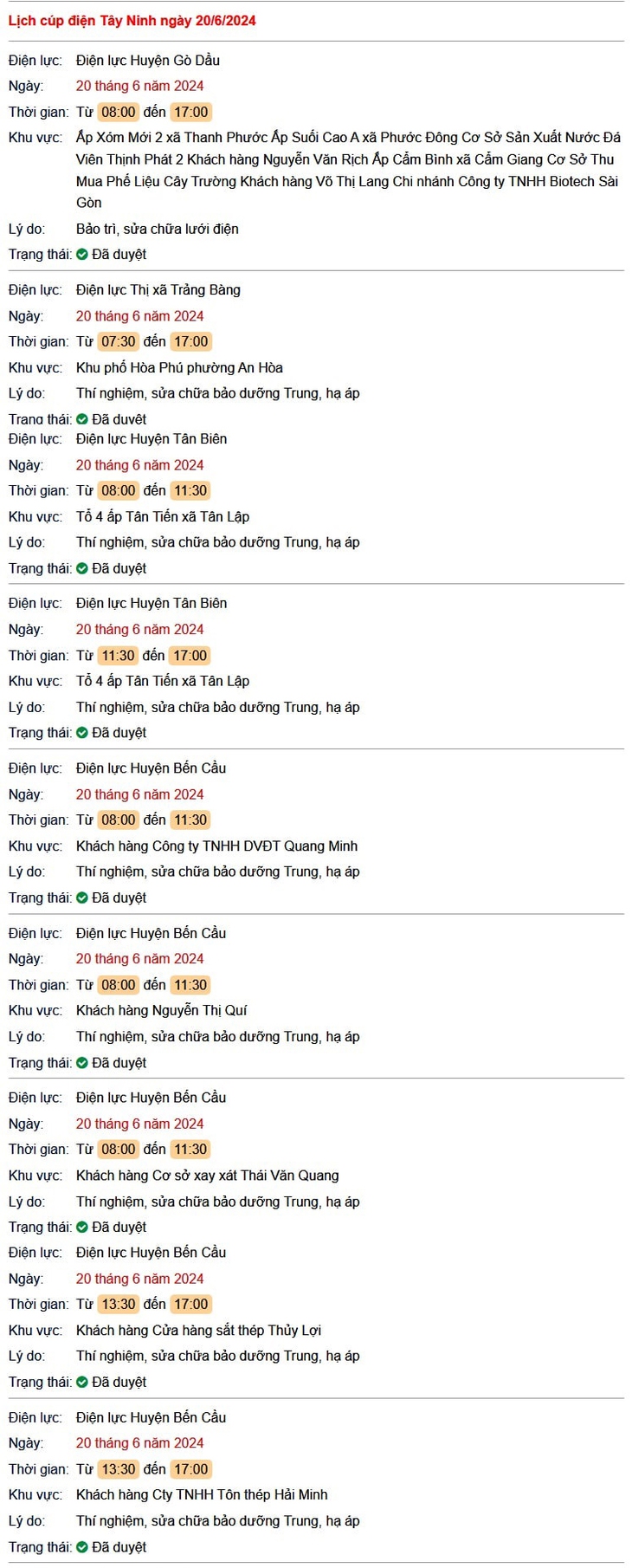 Lịch cúp điện Tây Ninh hôm nay ngày 20/6 - Ảnh 1.