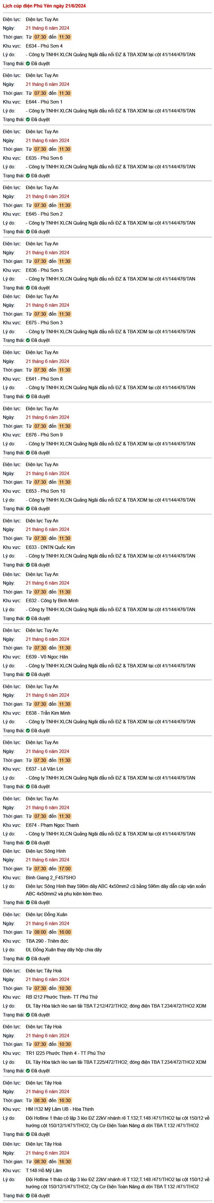 Lịch cúp điện hôm nay ngày 21/6 tại Phú Yên- Ảnh 1.
