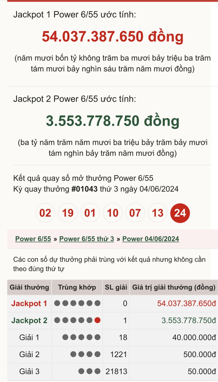Vietlott 4/6 - Kết quả xổ số Vietlott hôm nay 4/6/2024 - Xổ số Power 6/55 ngày 4/6- Ảnh 1.