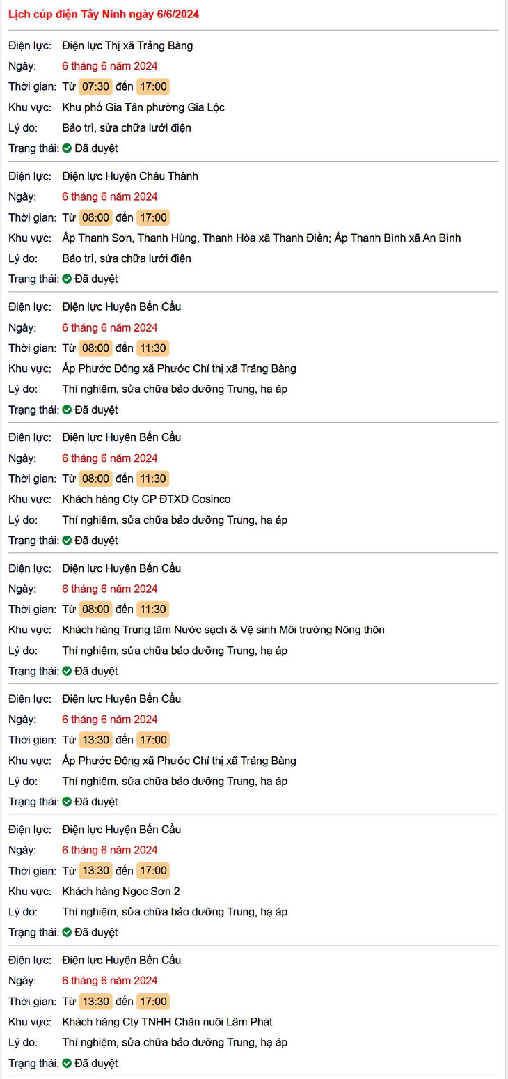 Lịch cúp điện Tây Ninh hôm nay mới nhất ngày 6/6- Ảnh 1.