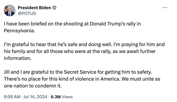 Tổng thống Mỹ Joe Biden lên tiếng về vụ nổ súng ở Pennsylvania khiến ông Trump bị thương- Ảnh 1.