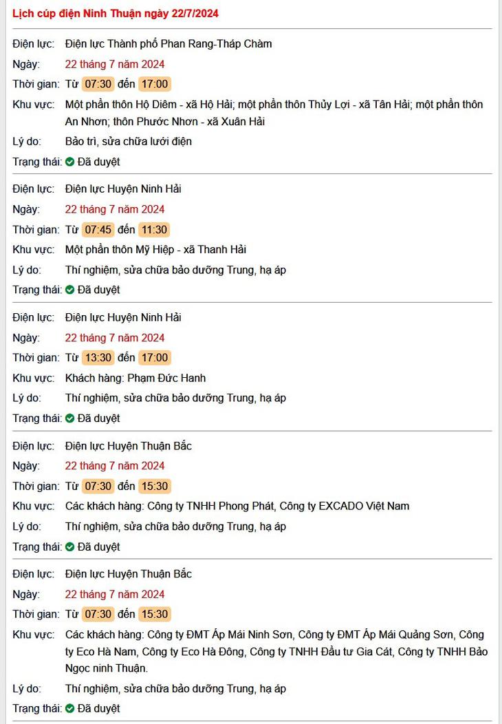 Lịch cúp điện Ninh Thuận hôm nay thứ 2 ngày 22/7- Ảnh 1.