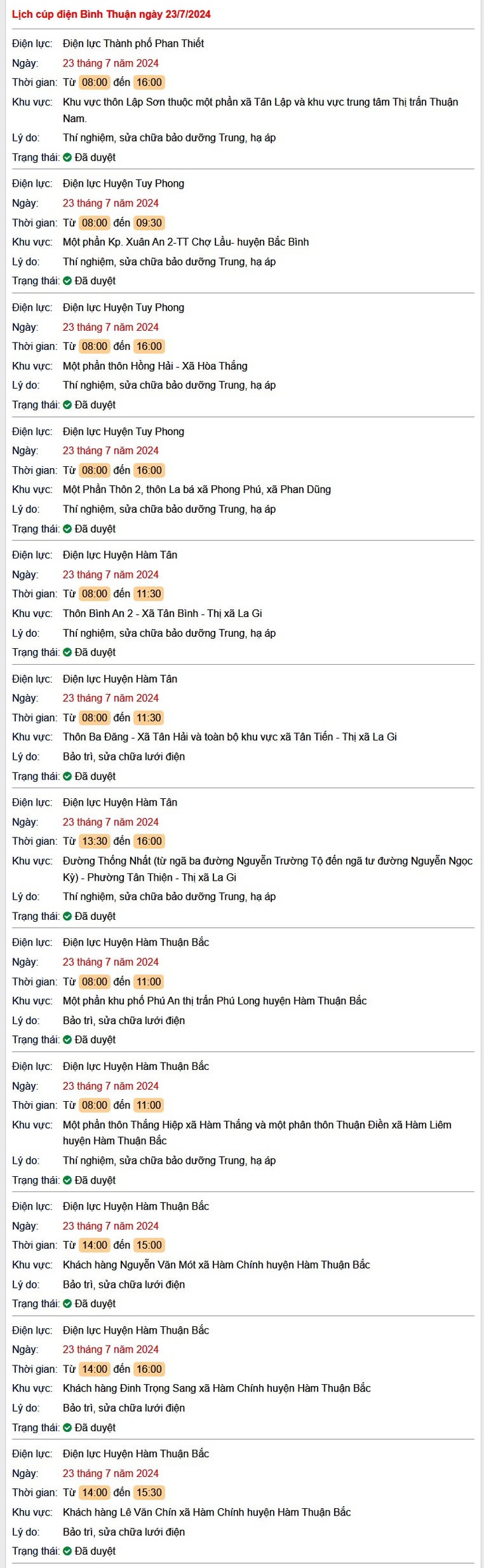 Lịch cúp điện Bình Thuận hôm nay thứ 3 ngày 23/7- Ảnh 1.