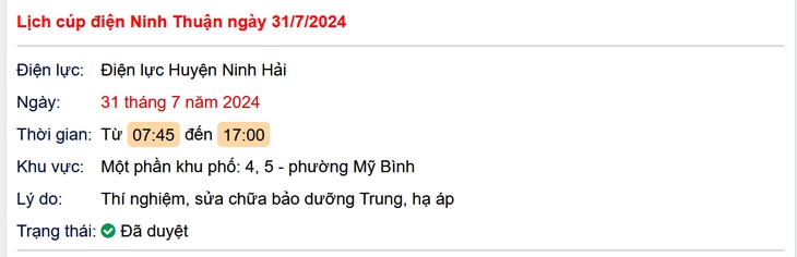 Lịch cúp điện Ninh Thuận hôm nay thứ 4 ngày 31/7- Ảnh 1.