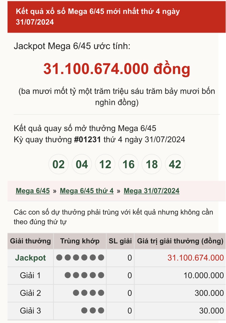Vietlott 31/7 - Kết quả xổ số Vietlott hôm nay 31/7/2024 - Xổ số Mega 6/45 ngày 31/7- Ảnh 1. Vietlott 31/7 - Kết quả xổ số Vietlott hôm nay 31/7/2024 - Xổ số Mega 6/45 ngày 31/7- Ảnh 1.