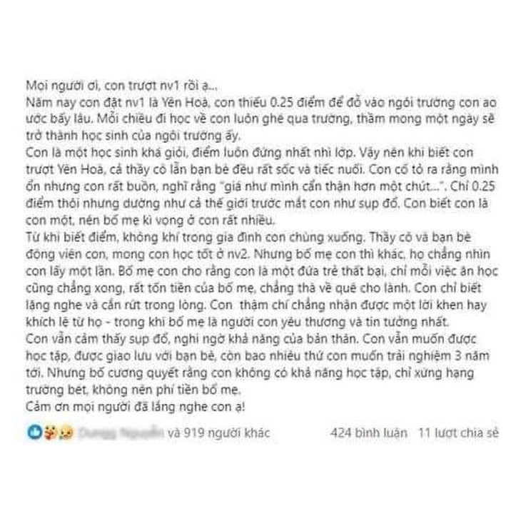 Thấy gì qua chia sẻ ‘từ lúc thi trượt lớp 10, bố mẹ chẳng nhìn con lấy một lần’?- Ảnh 1.