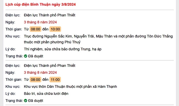 Lịch cúp điện Bình Thuận hôm nay Thứ 7 ngày 3/8- Ảnh 1.