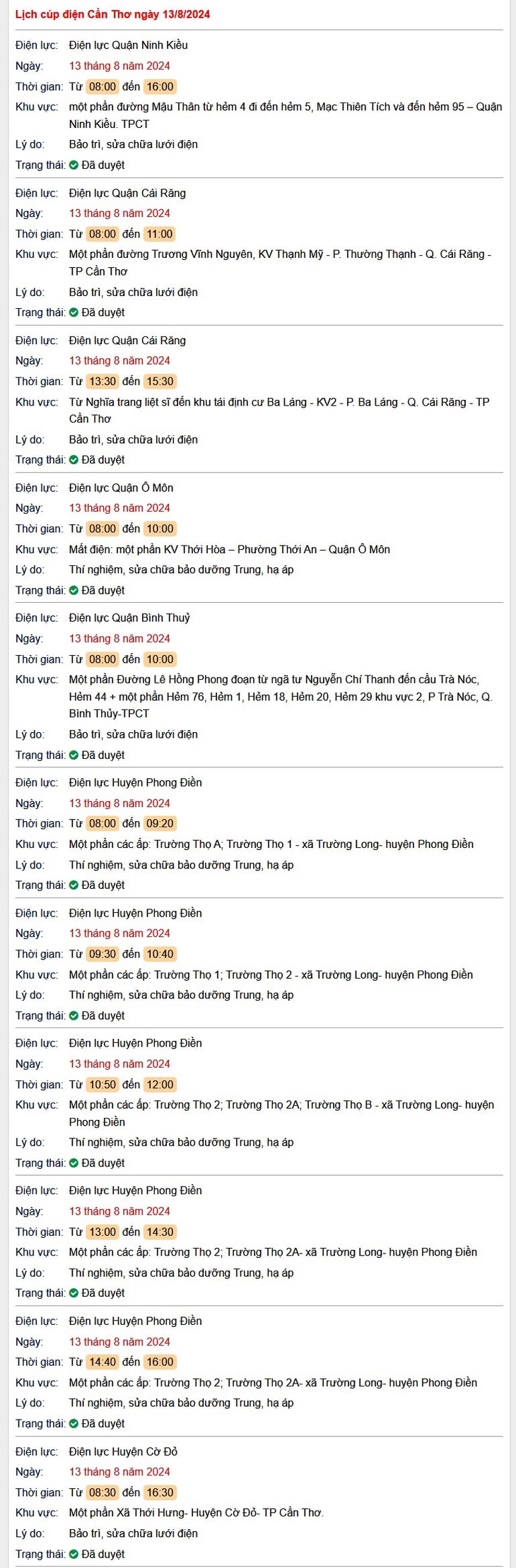 Lịch cúp điện Cần Thơ hôm nay Thứ 3 ngày 13/8- Ảnh 1.