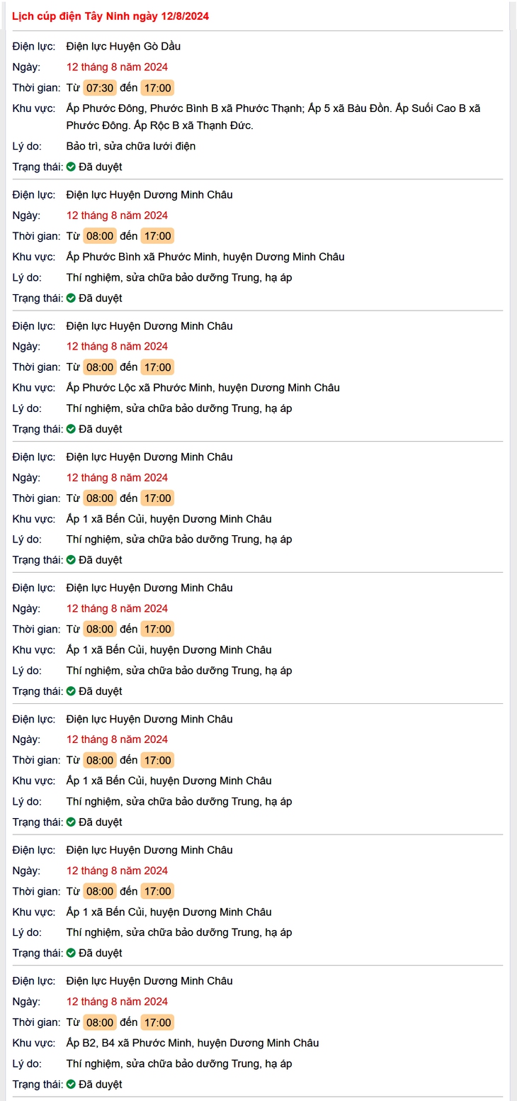 Lịch cúp điện Tây Ninh hôm nay Thứ 2 ngày 12/8- Ảnh 1.