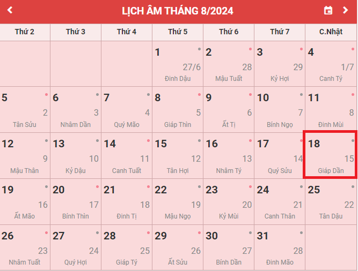 Lịch âm 18/8 - Âm lịch hôm nay 18/8 - Lịch vạn niên ngày 18/8/2024- Ảnh 1.