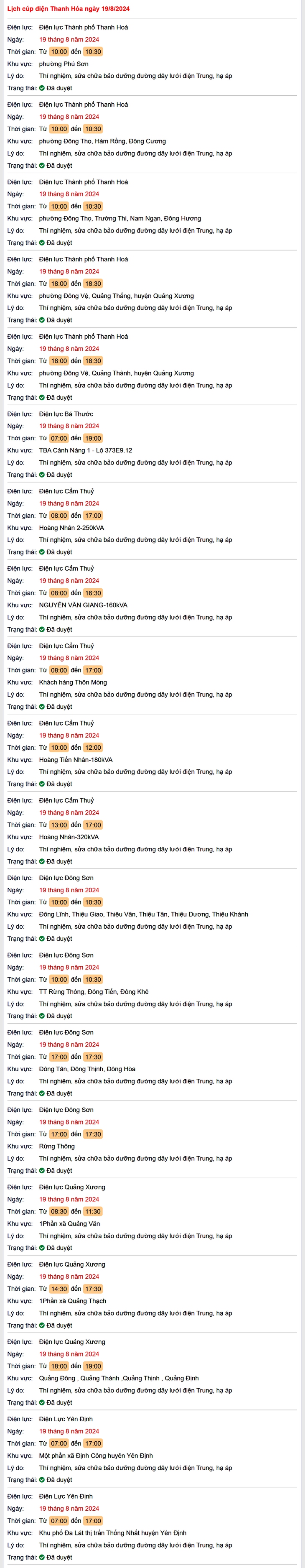 Lịch cắt điện hôm nay Thứ 2 ngày 19/8/2024 tại Thanh Hóa- Ảnh 1.